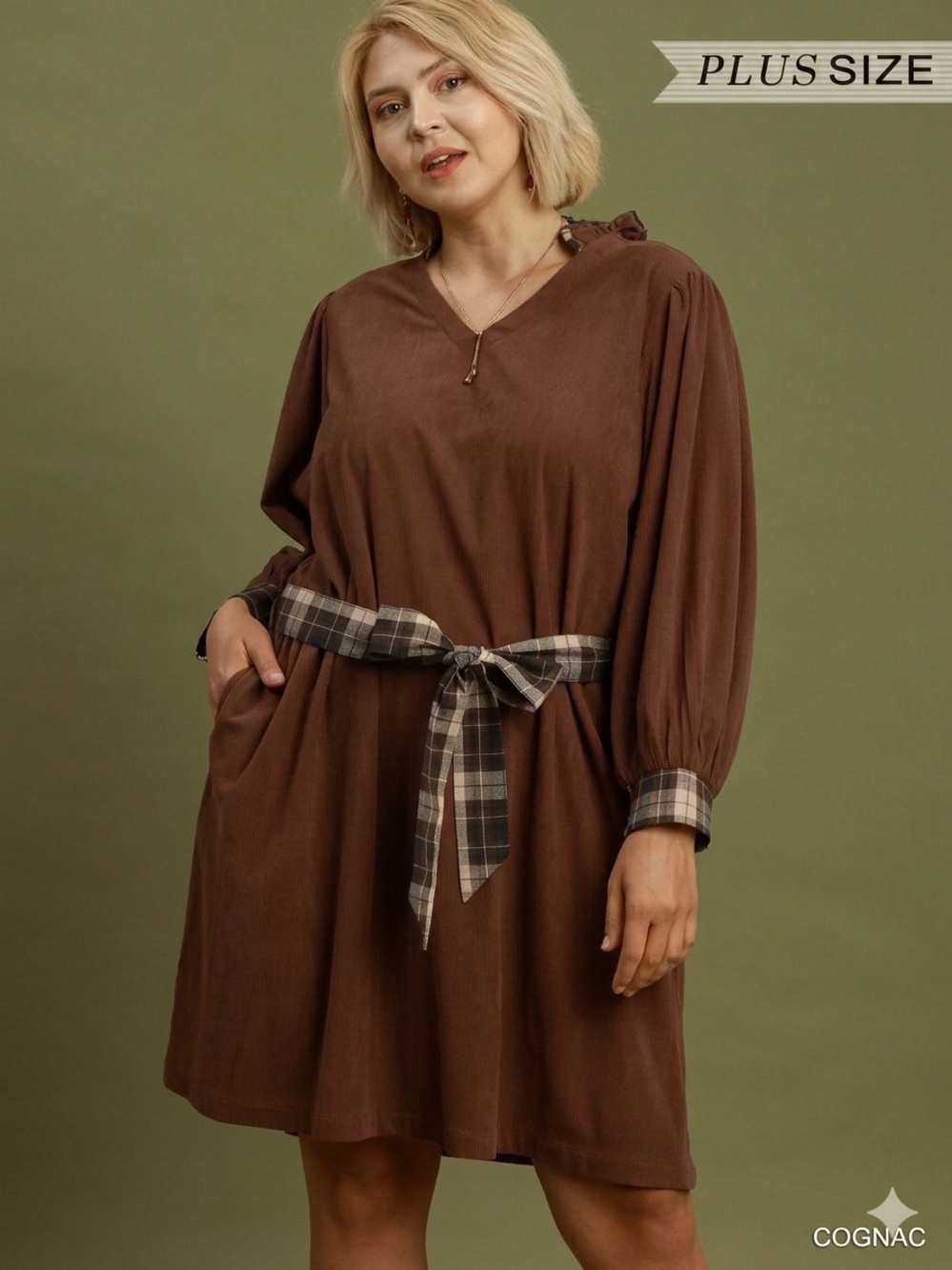 New!Umgee Plus Size Corduroy Belted Mini Dress Plaid Contrast Detail Size XLarge